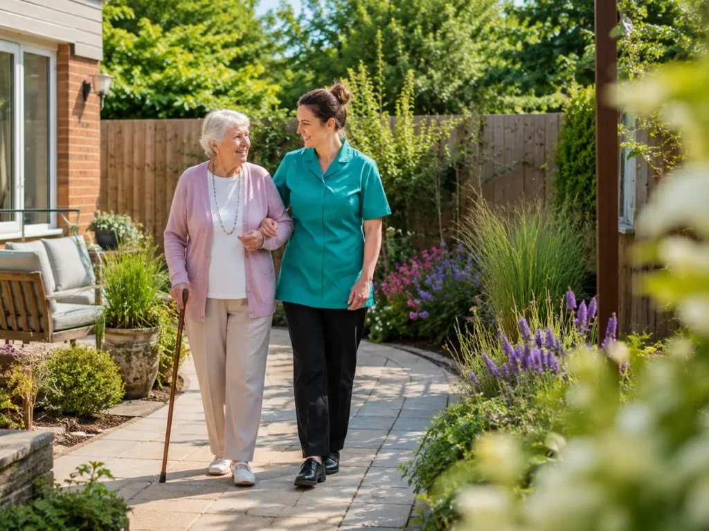 Care home residents and carers walking in the garden