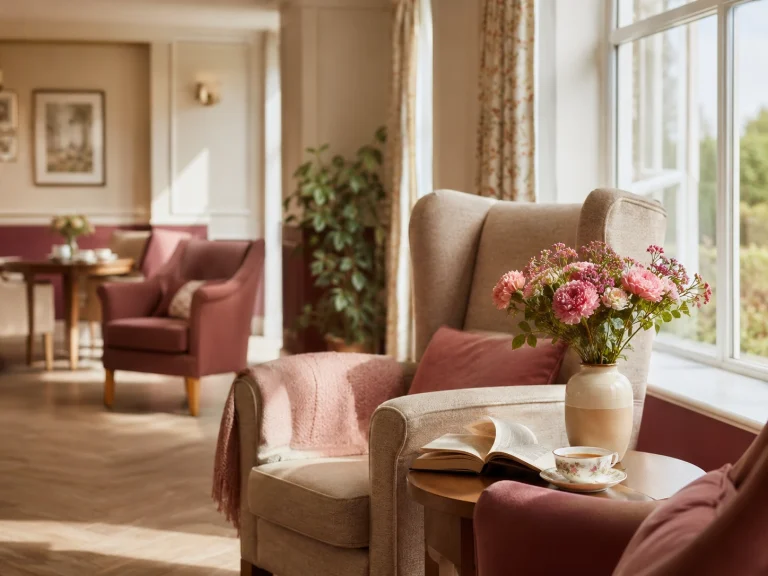 A quiet, sunlit communal lounge in a well-maintained UK care home, reflecting long-term quality and stewardship