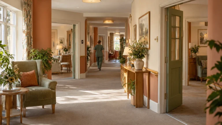 A spacious nursing home corridor suggesting the scale and continuity considered in a portfolio acquisition