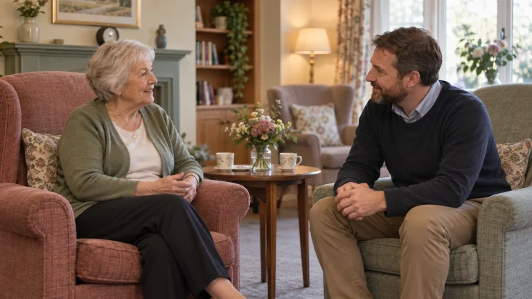A quiet, confidential conversation between two people in a warm care home setting, reflecting the trust-led approach to acquisitions